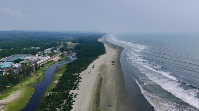 Cinematic Drone View of Cox's Bazar Sandy Beach with Rolling Ocean Waves, Panoramic Aerial Shot of Beautiful Sea Coastline, Landscape Background Video of World Longest Natural Beach