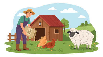 A farmer feeding chickens and standing near a sheep on a farm. © Khalil_Ozanich