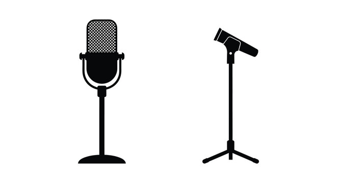 Two vintage style microphones depicted as black silhouettes against a white background silhouette microphone vocal recording