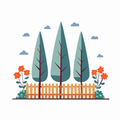 Obraz premium Stylized trees and flowers with a wooden fence and clouds