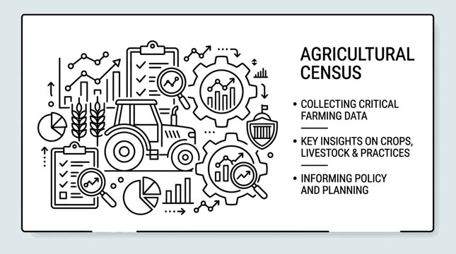 Infographic illustration depicting the agricultural census process with farming icons and data analysis elements.