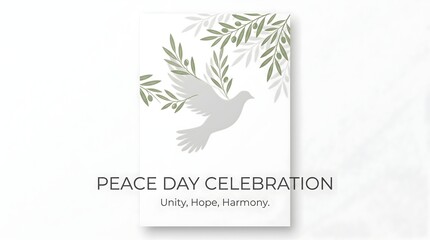 Peace Day Celebration poster with flying dove and olive branches, unity hope harmony concept, minimalist white greeting card design