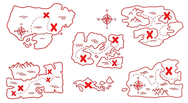 Treasure Maps with Red X Marks, Pirate Adventure, Island Exploration, Vintage Navigation