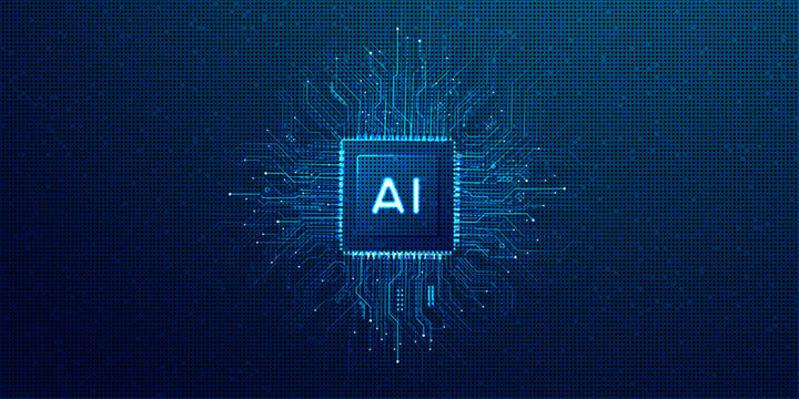 Artificial intelligence symbol on blue particle background with glowing neural network lines.
