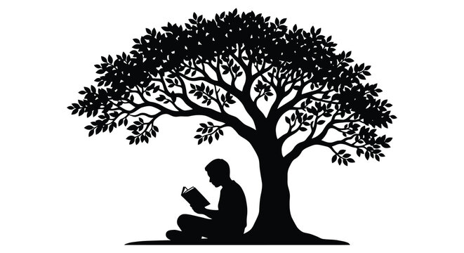 A person reading beneath a large tree with dense foliage black silhouette man individual literature book