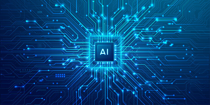 Artificial intelligence digital brain circuit board cpu microchip in blue light network processing information background.