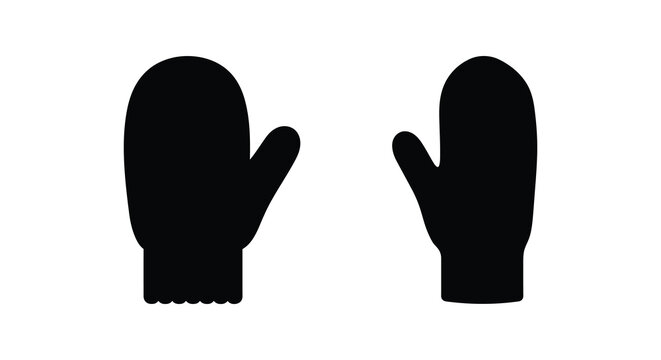 Pair of winter mittens depicted as a flat black silhouette against a white background silhouette gloves