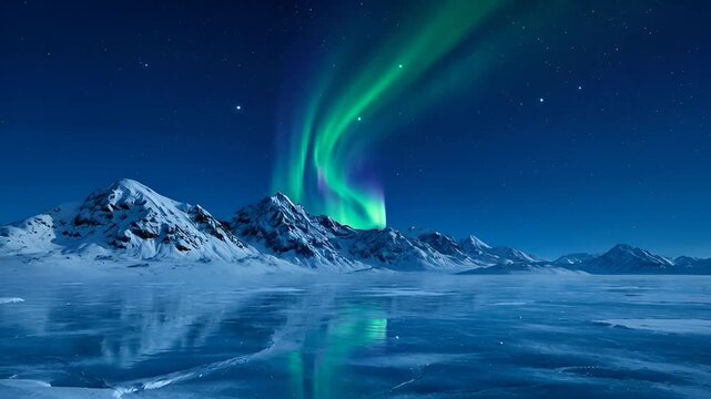 Breathtaking aurora borealis dances in vibrant green and purple hues across a starry night sky, illuminating snow-capped mountains and a frozen, reflective landscape.