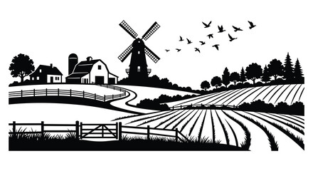 Rural landscape with windmill farm buildings and fields depicted as a black silhouette farmland wind turbine © Gahima
