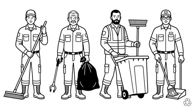 A black and white illustration of four sanitation workers performing cleaning duties.