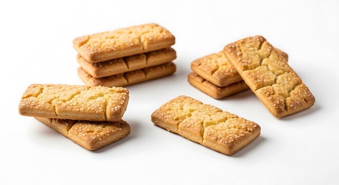 Golden Biscuits Stacked on White Background