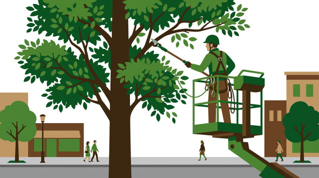 A professional arborist pruning tree branches from a hydraulic lift platform.
