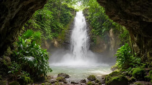 A majestic waterfall cascades into a clear pool, framed by lush tropical foliage and moss-covered rocks within a hidden cave.