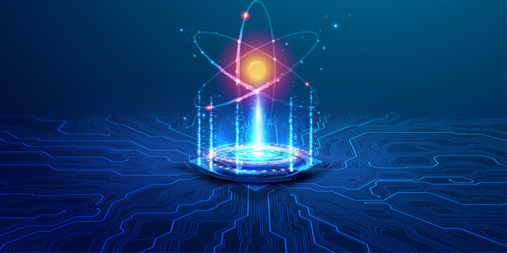 Abstract atomic model with glowing orbiting electrons on a futuristic digital circuit board background for science concepts.