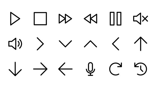 Minimalist Media Player and Navigation Arrow Vector Icon Set