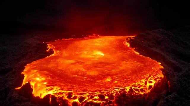 A molten lava flow, glowing with intense heat, cascades over dark, rocky terrain, illustrating the raw power of geological forces and a dramatic natural phenomenon.