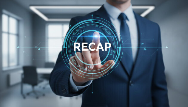 A businessman touches a glowing digital interface with the word "RECAP" displayed, symbolizing review and summary in a business context.