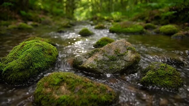 A tranquil forest stream flows gently over moss-covered rocks, sunlight dappling through the dense canopy, creating a serene and natural sanctuary.