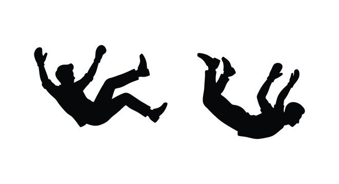Two falling human figures depicted in a stark black silhouette against a white background person man
