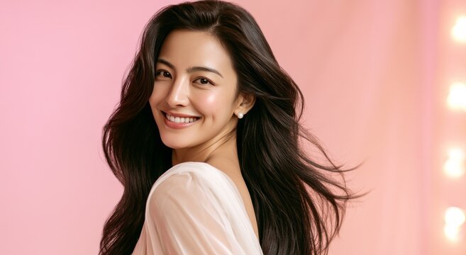 Beautiful asian woman smiling with healthy glowing skin and long wavy hair