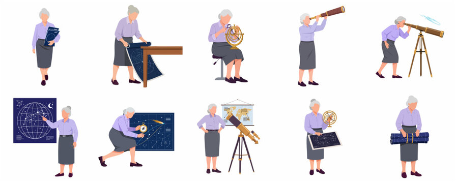 Senior Woman Astronomer Character Set Studying Space with Telescope and Star Charts