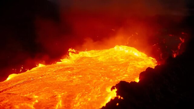 A blazing river of molten lava flows forcefully from a volcanic eruption, casting an ominous red glow and an atmosphere of intense heat and power.