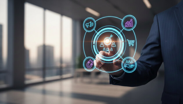 A hand in a suit interacts with a holographic interface displaying business icons, symbolizing digital strategy and planning for success