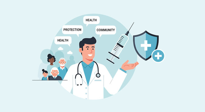 Doctor with syringe and shield, promoting community health and protection through vaccination