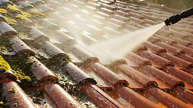 High pressure water jet cleaning moss from terracotta roof tiles. Professional maintenance removing algae and lichen from house roofing. Home restoration concept, ideal for roofing and property ads.