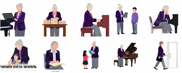 Set of flat illustrations featuring a senior female piano teacher in various activities including teaching children, playing the piano, and managing sheet music. © Pixiso