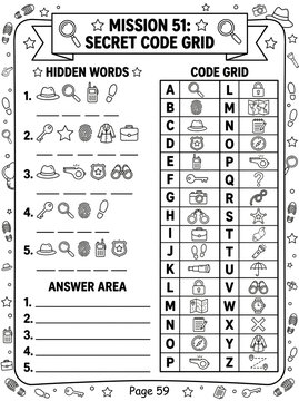 Educational secret code puzzle worksheet with hidden words activity for kids featuring detective-themed icon grid and answer space