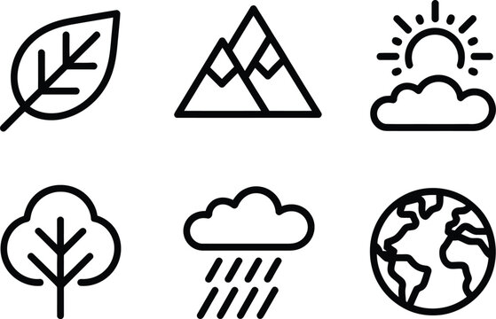 Nature and weather outline icon collection with leaf mountain cloud rain tree sun and earth vector symbolsNature and weather outline icon collection with leaf mountain cloud rain tree sun and earth ve
