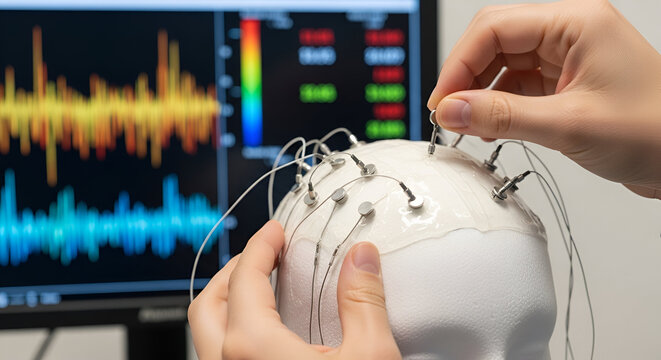 Hands Connecting Electrodes to a Model Head for Brainwave Monitoring and Analysis in a Medical Research Laboratory