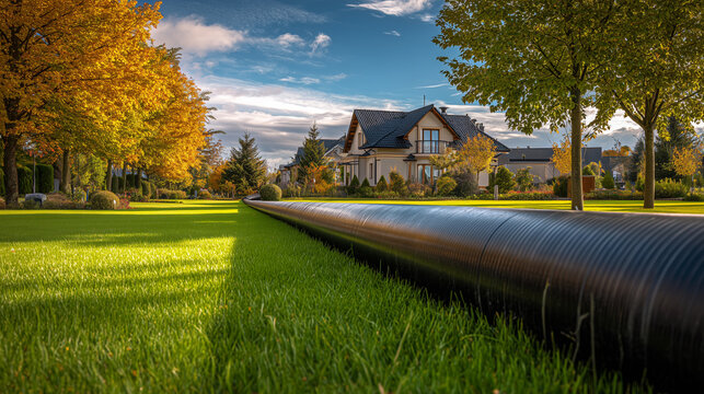 Underground irrigation pipe installation across green suburban lawn near modern family house in sunny autumn residential neighborhood