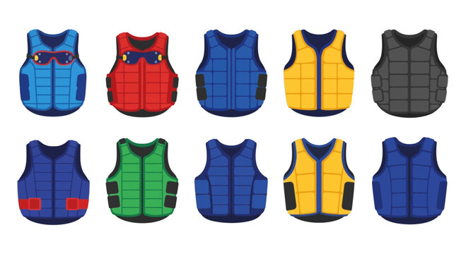 Set of Colorful Padded Life Jackets and Safety Vests for Water Sports