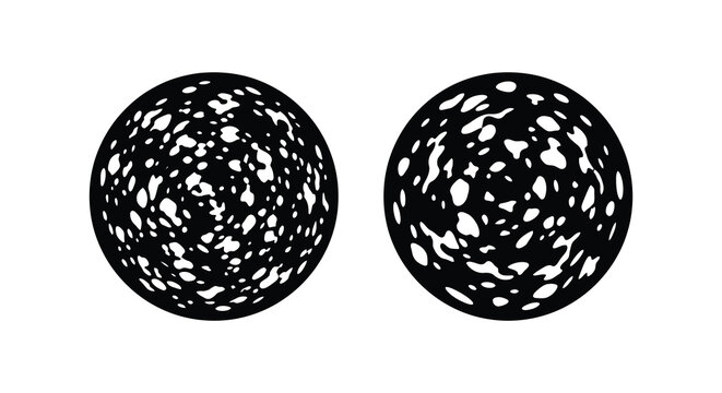 Two circular shapes with irregular voids a black and white silhouette circle spherical round holes monochrome