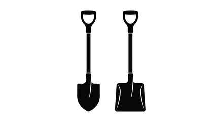 Two black garden shovels depicted as a flat silhouette against a white background silhouette shovel spade © Gahima