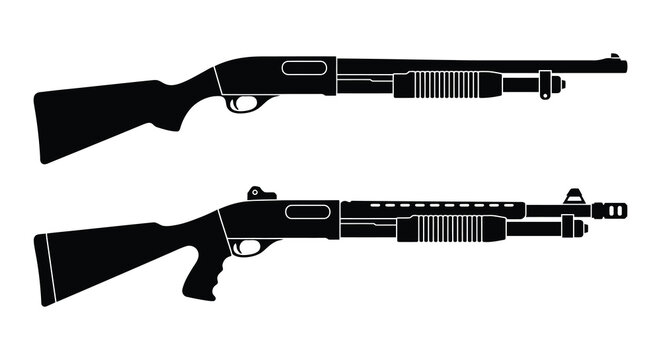 Two black silhouettes of pump action shotguns with distinct barrel configurations on a white background silhouette