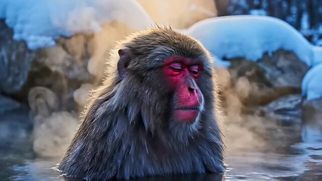 Japanese macaque monkey soaking in a steaming winter hot spring. Red-faced snow monkey relaxing in a thermal bath with vapor. Wildlife tourism concept, ideal for Japan travel and wellness marketing.