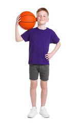 Fototapeta premium Boy with basketball ball on white background. Child's sports