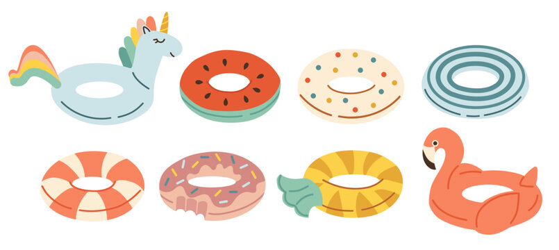 Cute summer swim rings collection with unicorn, flamingo, donut and striped floaties in flat cartoon style. Colorful vector illustration isolated on white background.