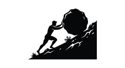 Man pushing a large boulder uphill a black silhouette against a white background silhouette male figure © Gahima