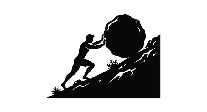 Man pushing a large boulder uphill a black silhouette against a white background silhouette male figure