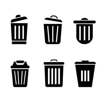Black Trash Can Silhouettes Waste Management Vector Icons