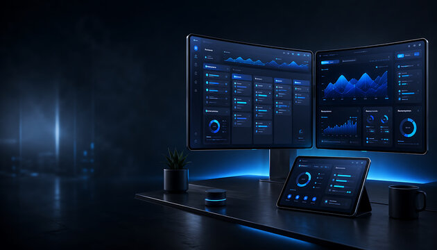 Advanced technology workstation with dual monitors and tablet showing data visualization