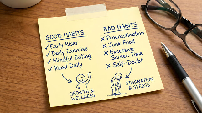 Yellow sticky note with good habit bad habit comparison concept for life development self discipline personal transformation productivity mental health improvement and behavior change strategy