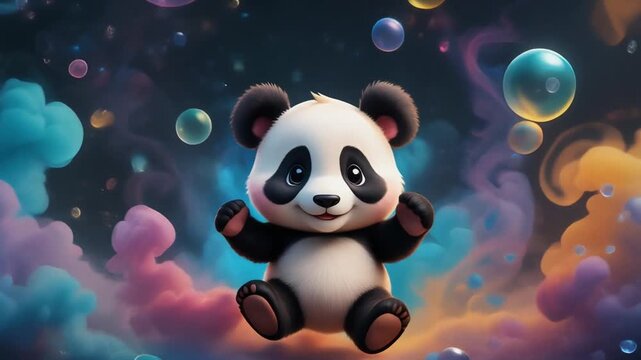 Cute baby panda with colorful bubbles and smoke effects