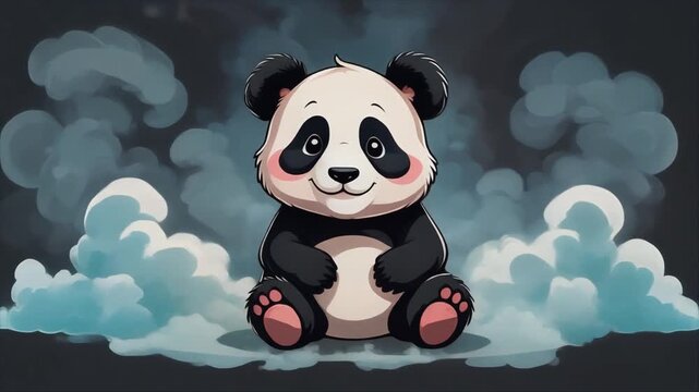 Cute cartoon panda sitting in clouds illustration
