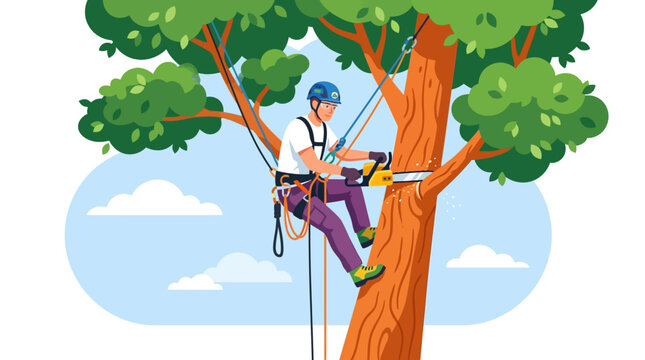 Professional arborist using a chainsaw to prune branches while suspended in a tree.
