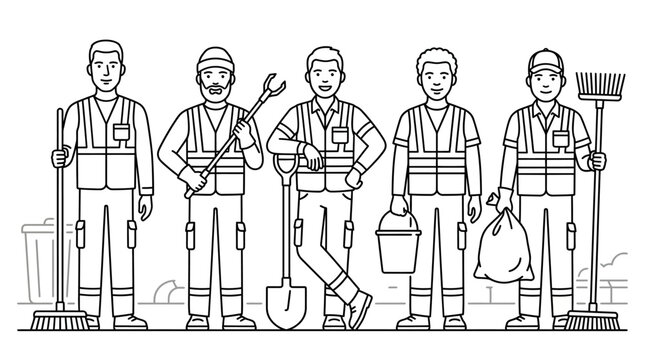 A group of five diverse sanitation workers standing together in uniform.
